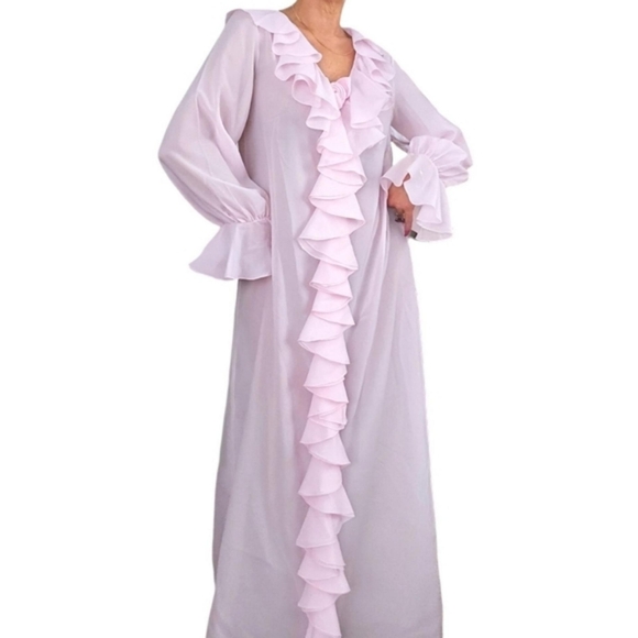 Christian Dior Vintage Pink Ruffle Kaftan Caftan Long Sleeve Maxi Hostess Dress - Picture 4 of 9